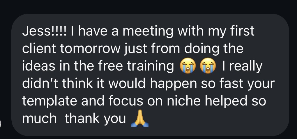 Student message — first client meeting booked just from the free training